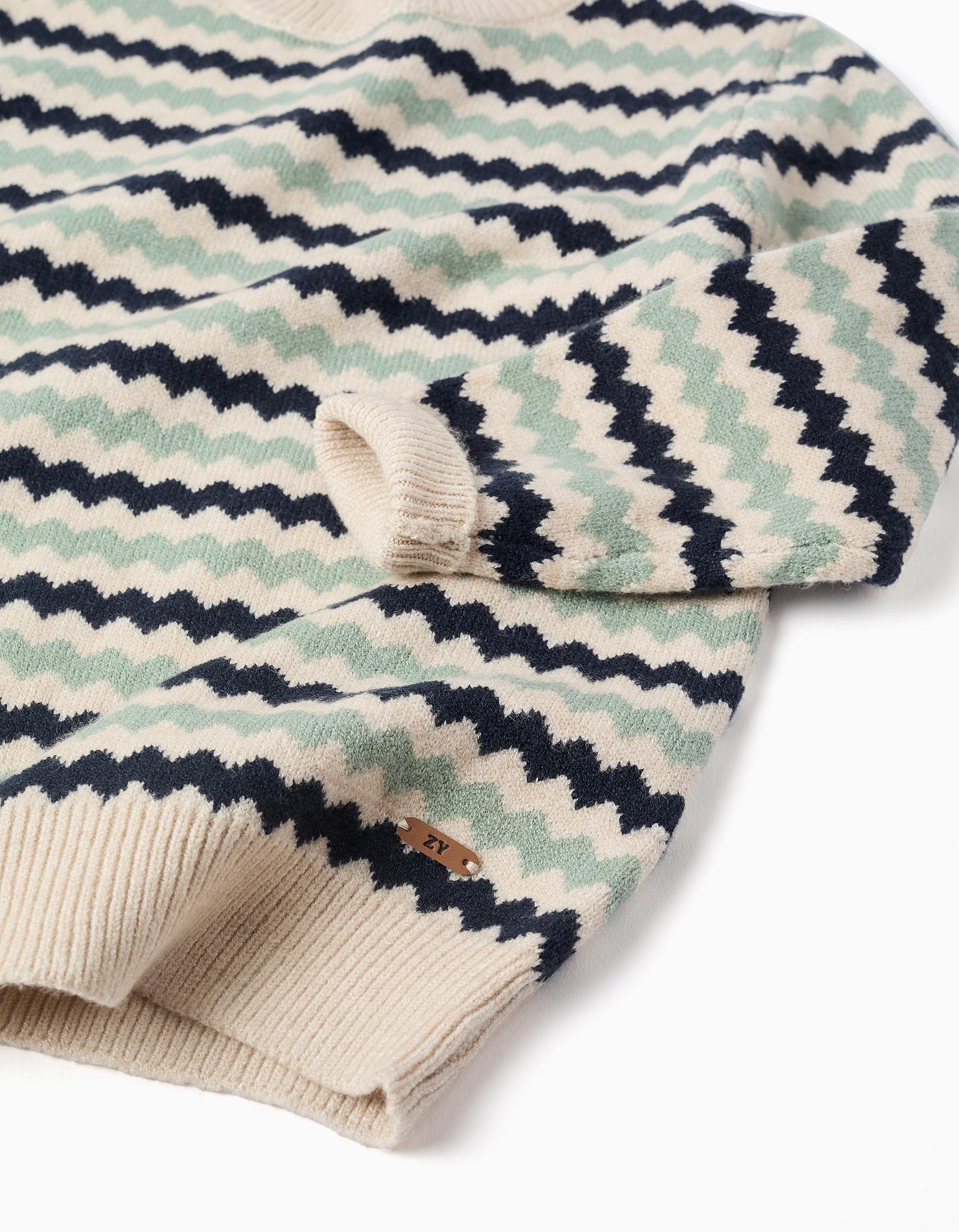 Knitted jumper with jacquard stripes B&S for boys, beige/blue/green