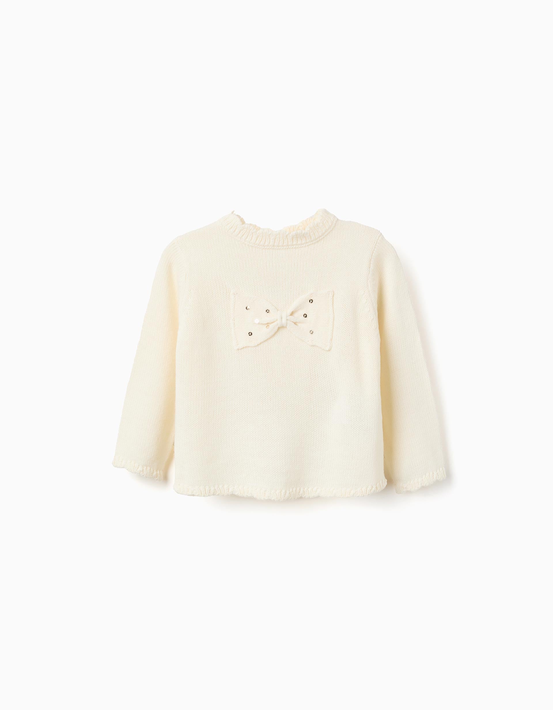 Knitted jumper with bow and sequins for baby girls, light beige