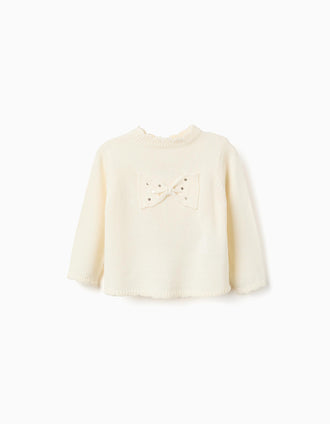Knitted jumper with bow and sequins for baby girls, light beige