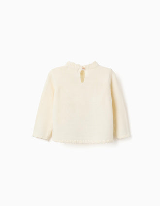 Knitted jumper with bow and sequins for baby girls, light beige