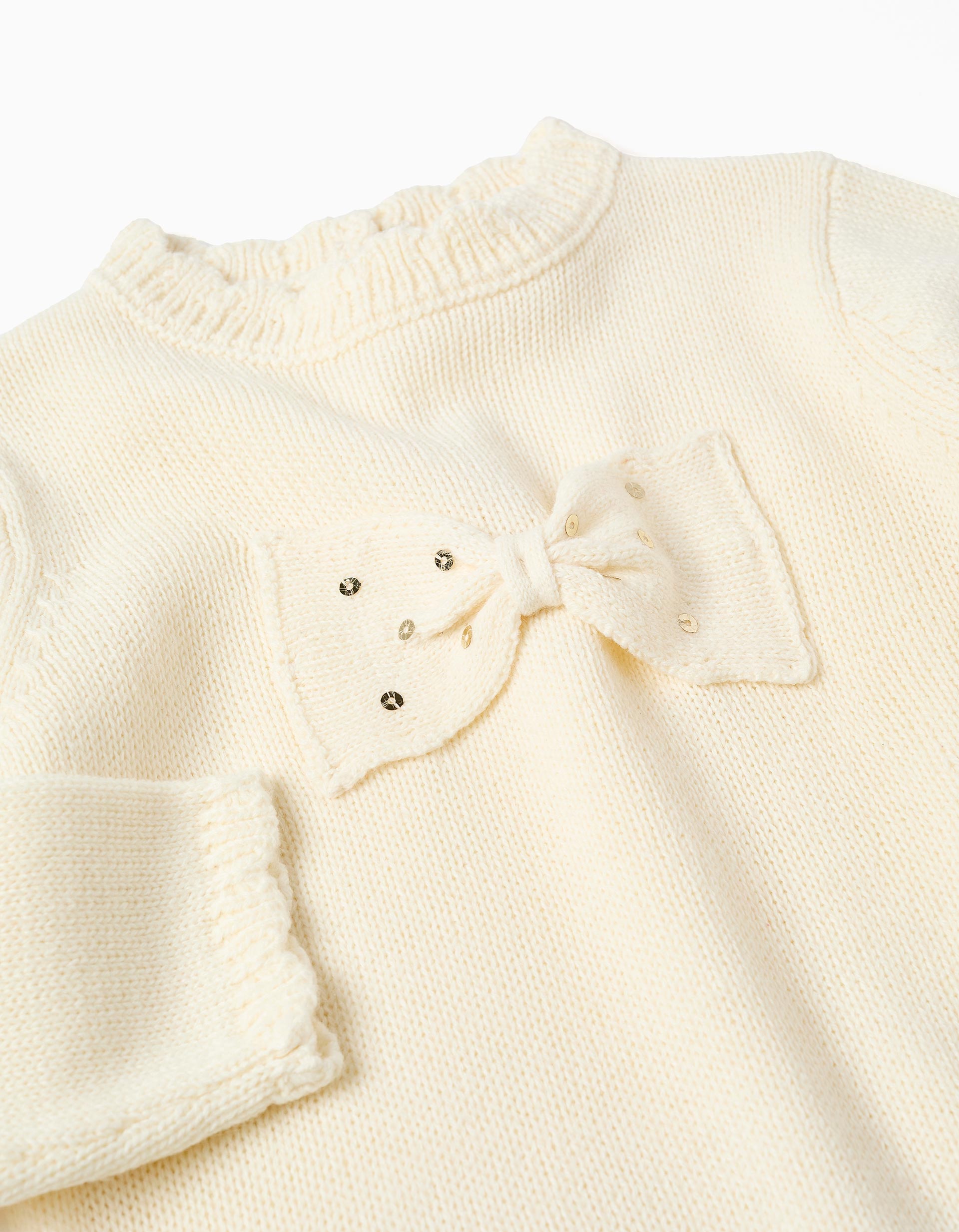 Knitted jumper with bow and sequins for baby girls, light beige