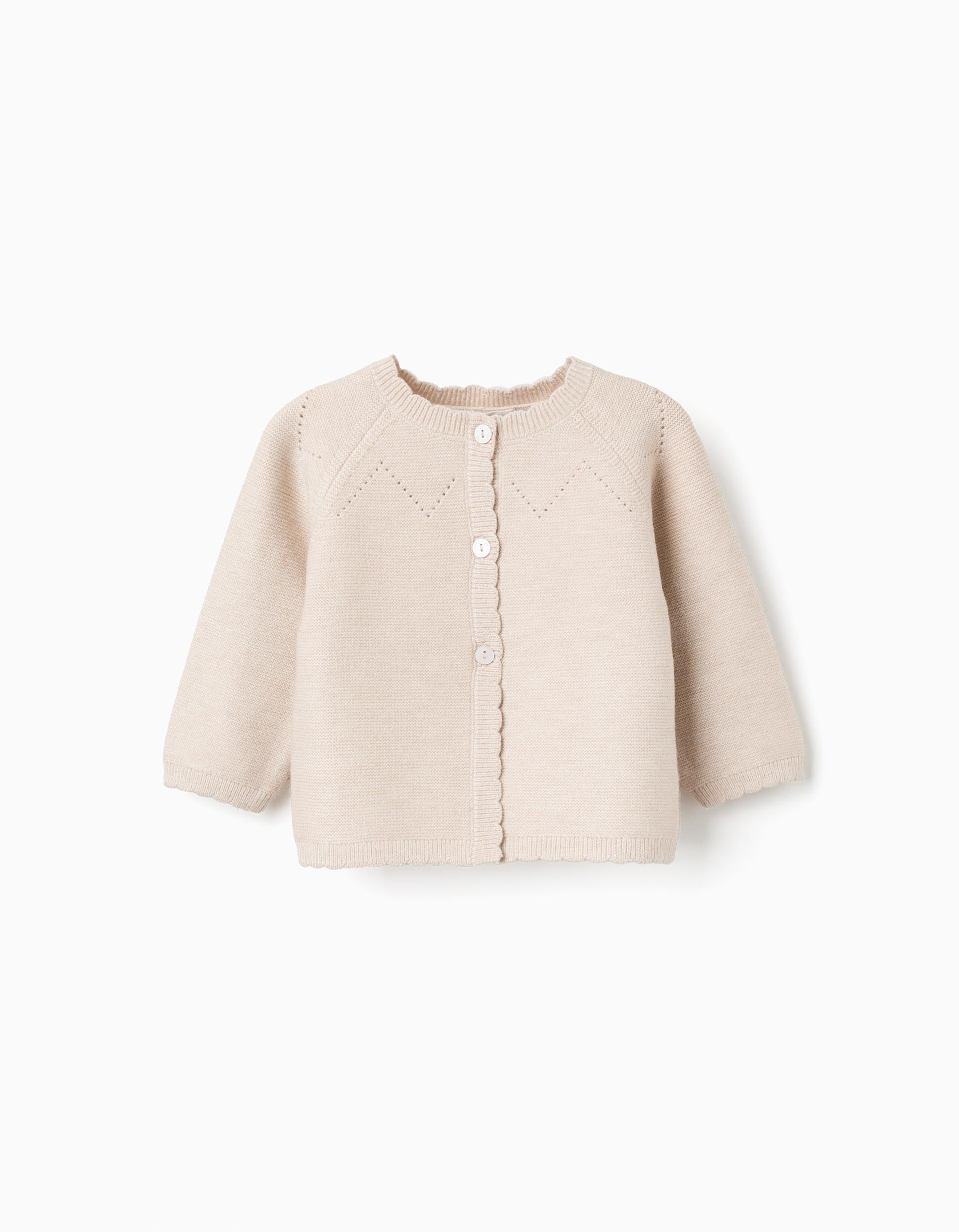 Knitted jacket with wavy ends You&Me for newborn girls, beige