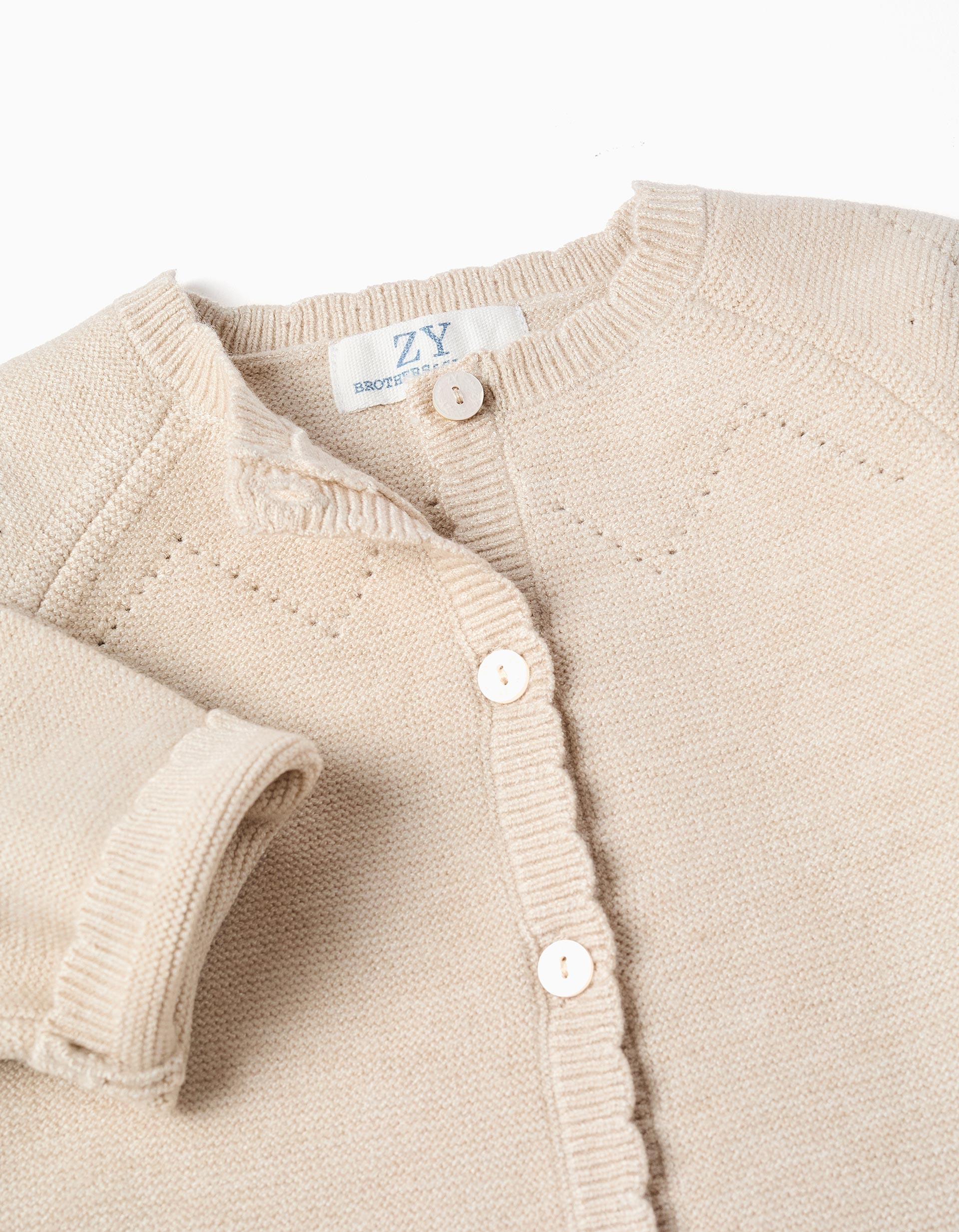 Knitted jacket with wavy ends You&Me for newborn girls, beige