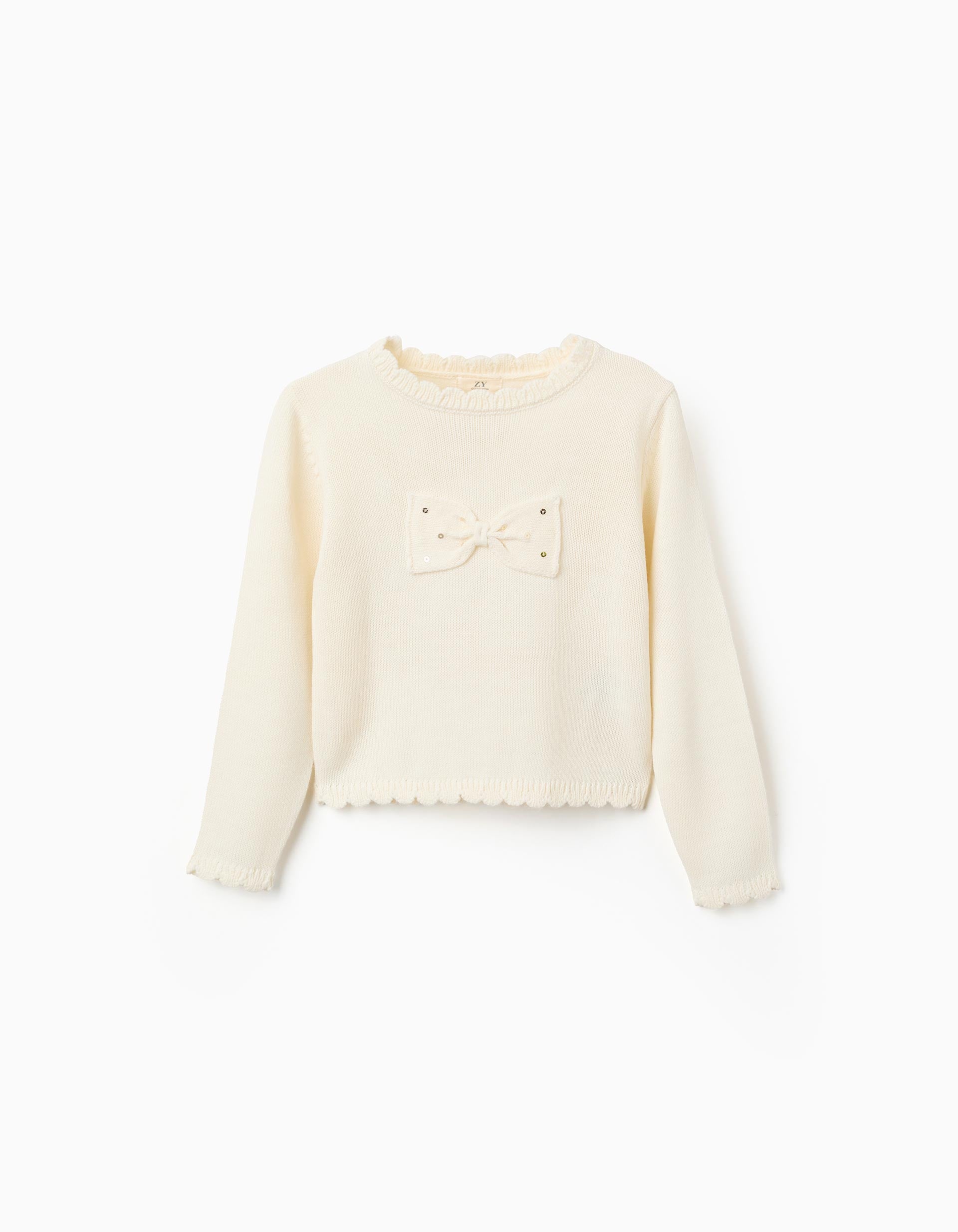 Knitted jumper with bow and sequins for girls, light beige