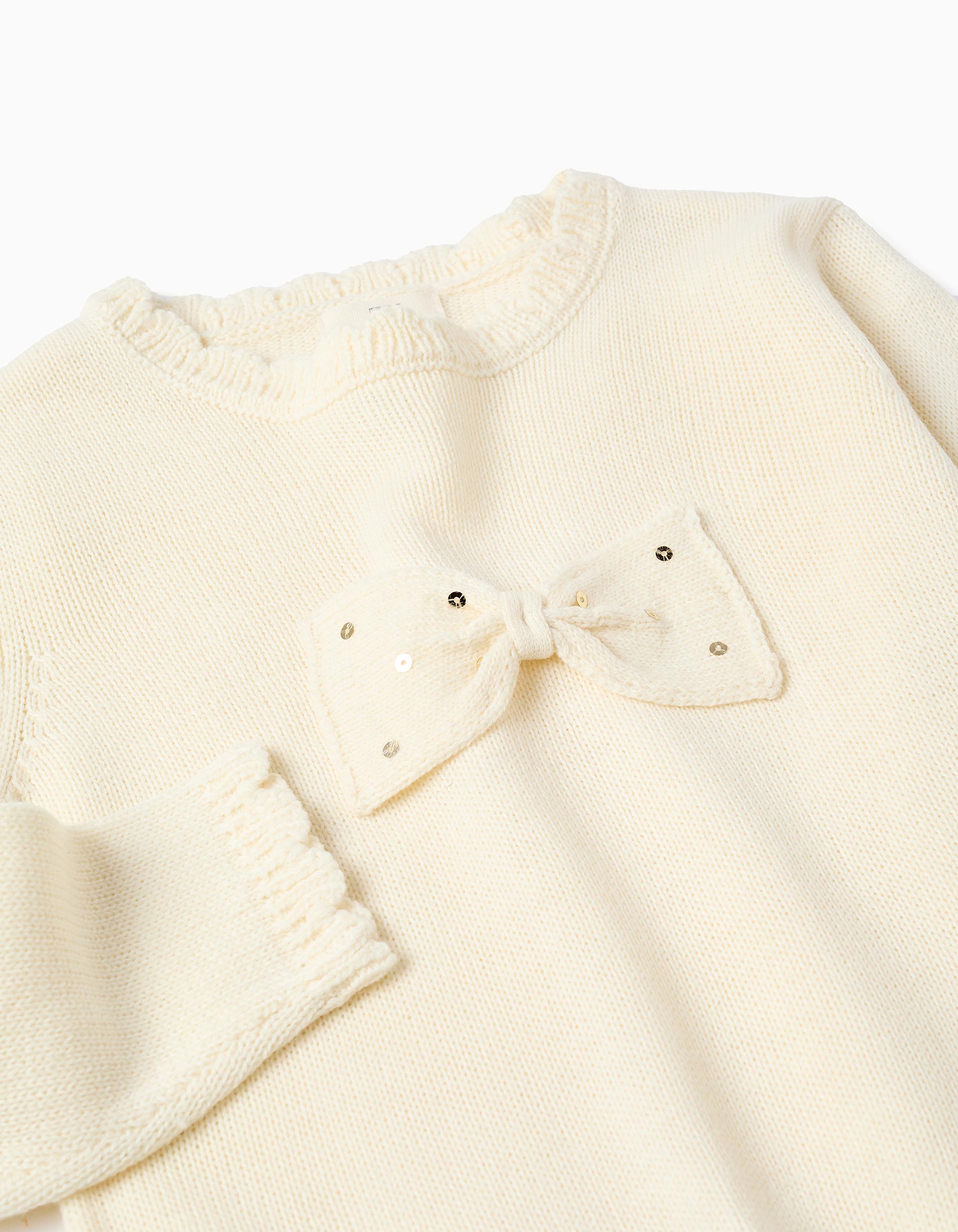 Knitted jumper with bow and sequins for girls, light beige