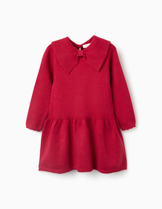 Vestido de punto con cuello de lazo para niña, rojo