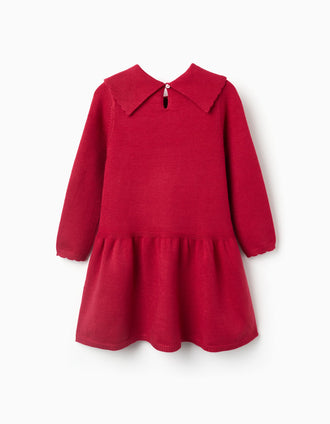 Vestido de punto con cuello de lazo para niña, rojo
