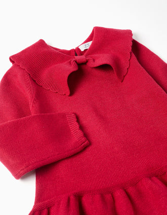 Vestido de punto con cuello de lazo para niña, rojo