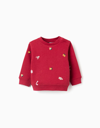 Brushed sweatshirt with Christmas embroidery for baby boys, red
