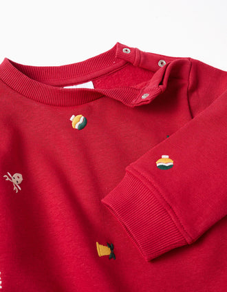 Brushed sweatshirt with Christmas embroidery for baby boys, red