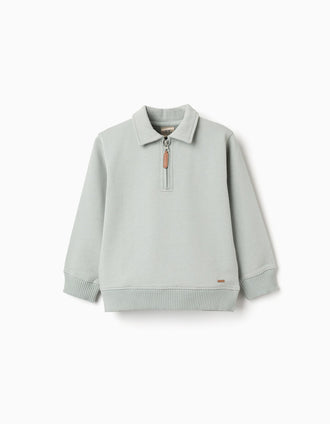 Sweat cardada com gola polo para menino, verde
