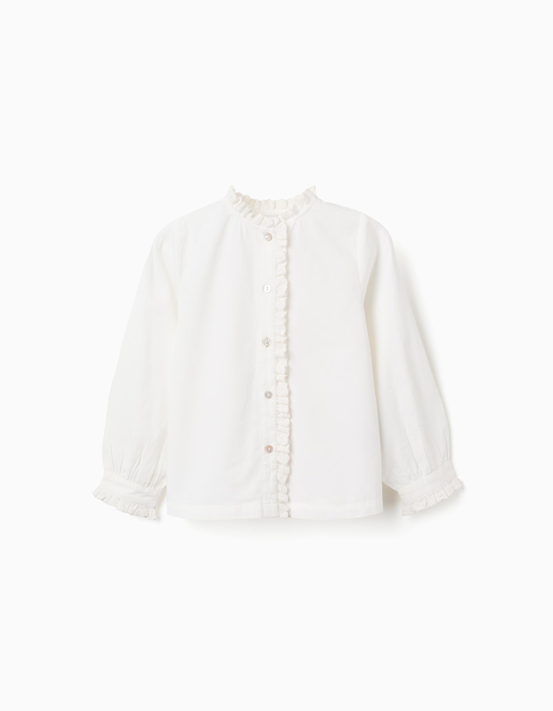 Long sleeve cotton shirt with ruffled details You&Me for girls, white