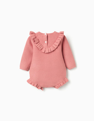Macacão de malha com detalhes de folhos para recém-nascida, rosa