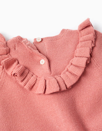 Macacão de malha com detalhes de folhos para recém-nascida, rosa