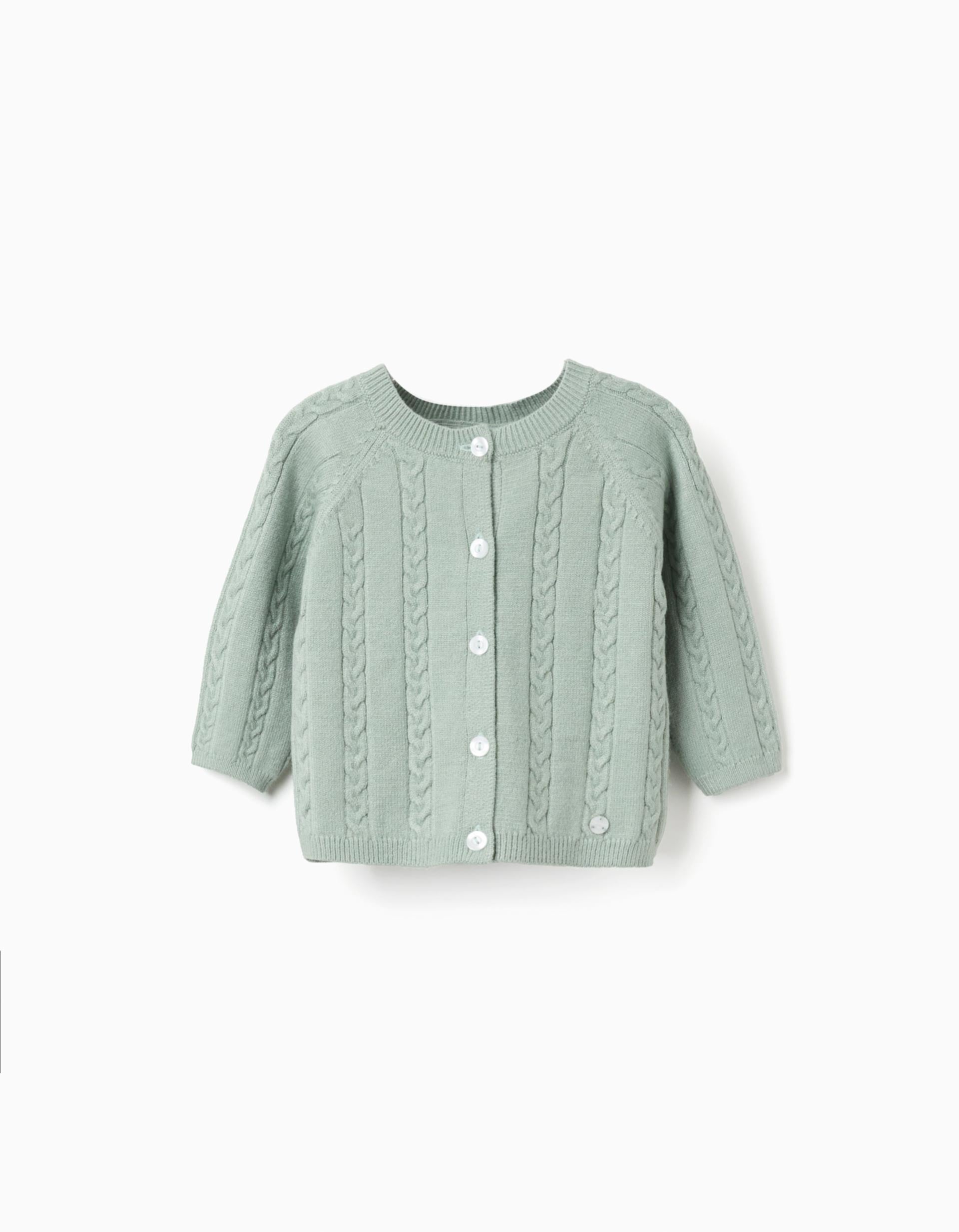 Knitted jacket with cable details for newborn boys, light green