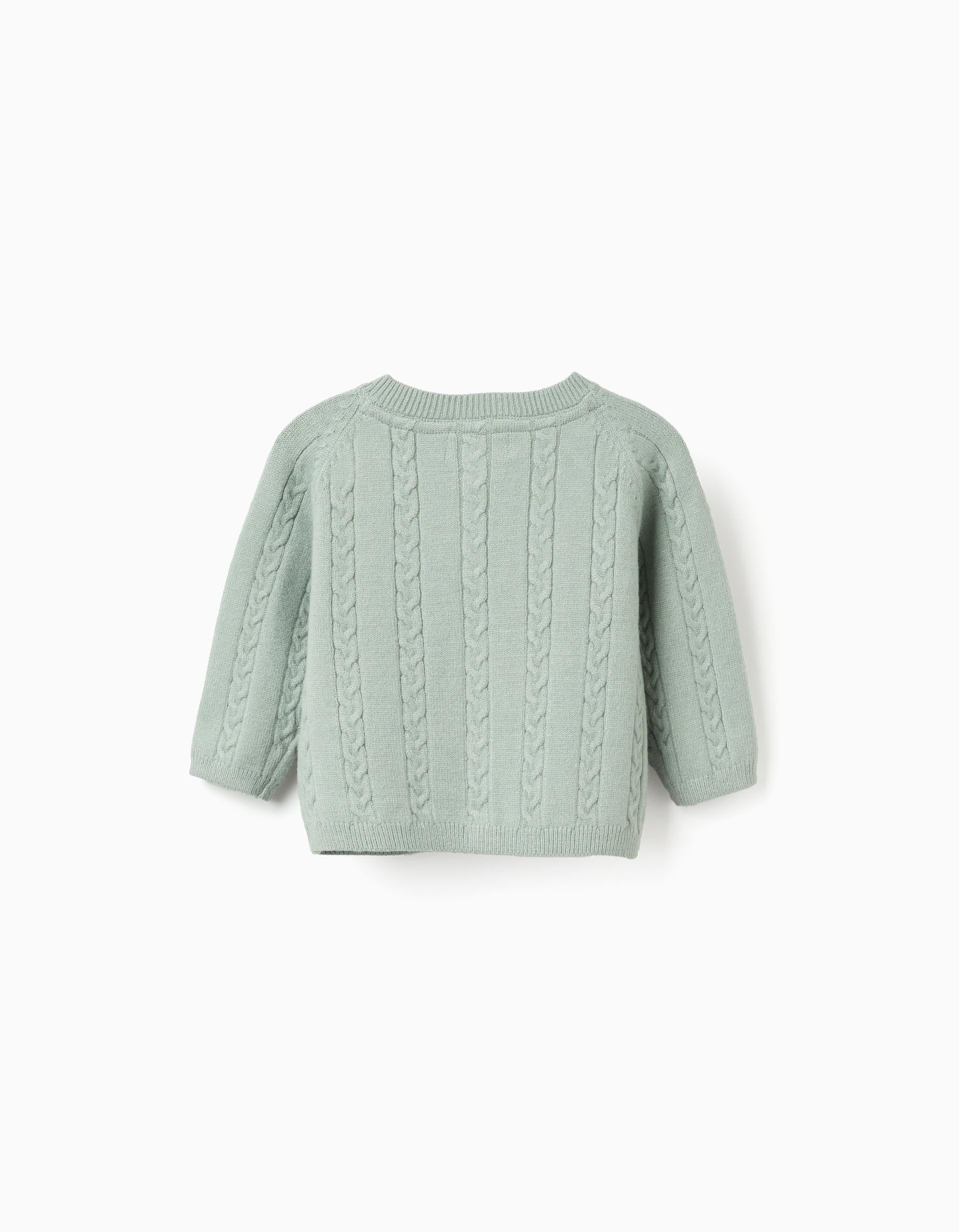 Knitted jacket with cable details for newborn boys, light green