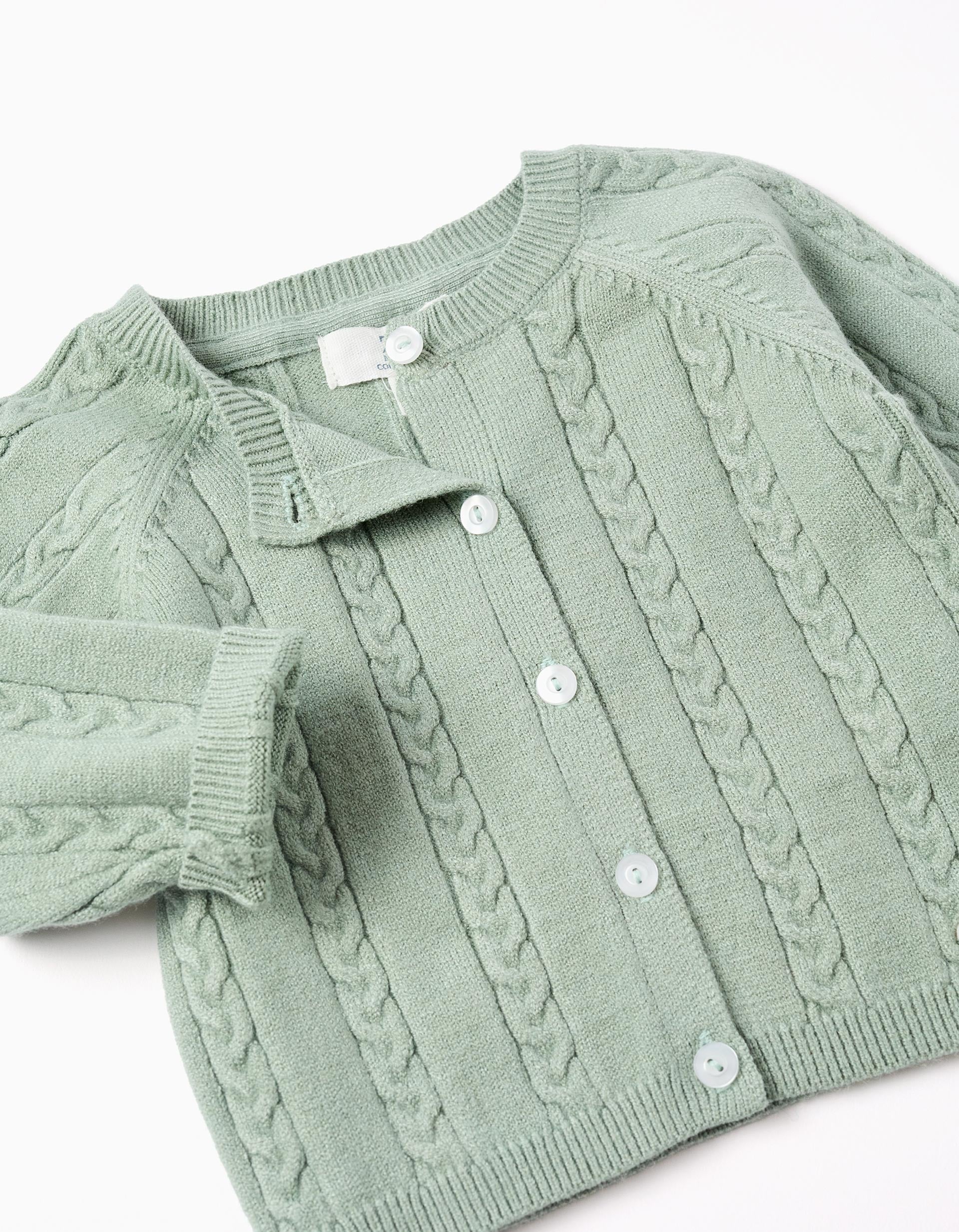 Knitted jacket with cable details for newborn boys, light green