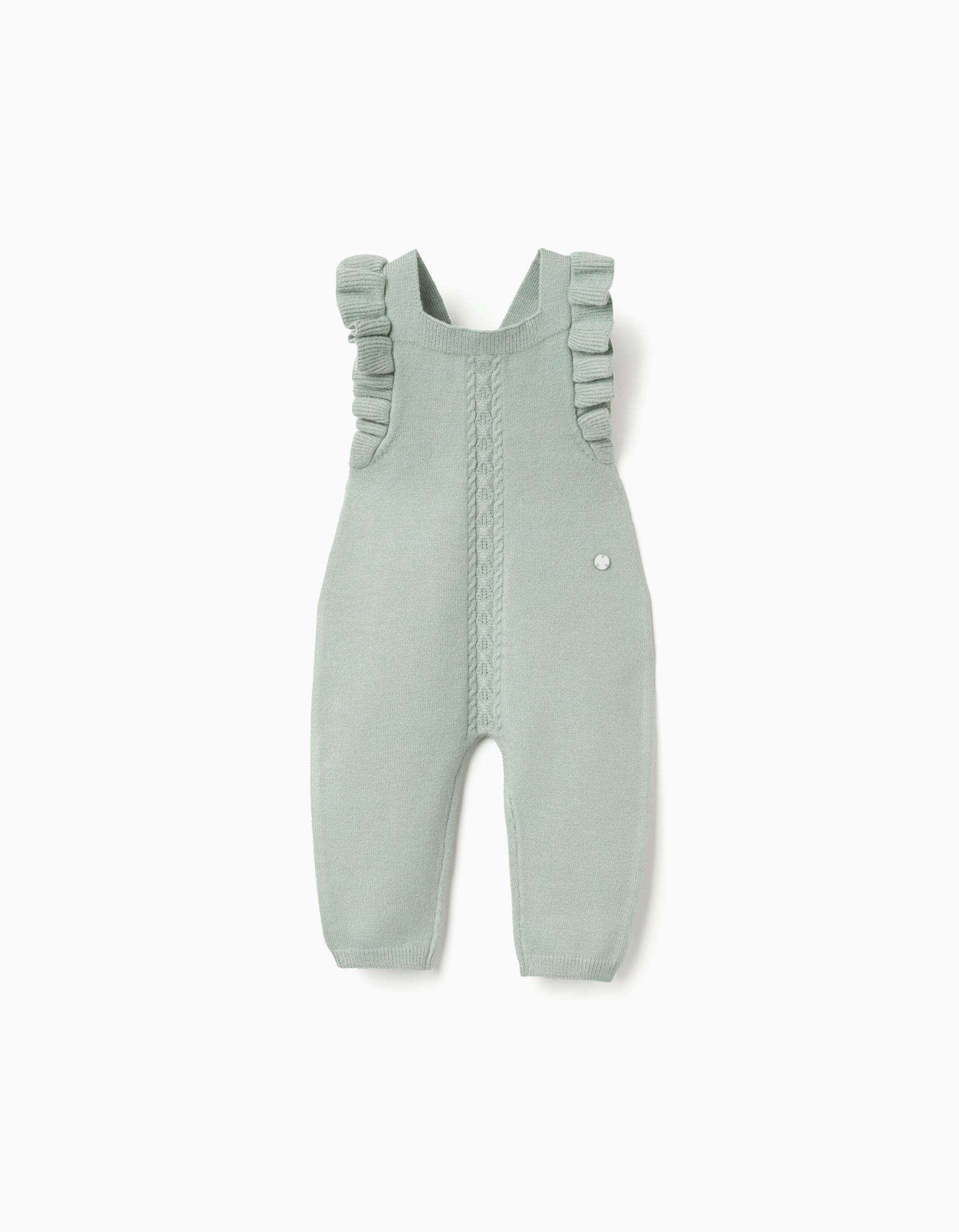 Knitted jumpsuit with ruffles for newborn girls, light green