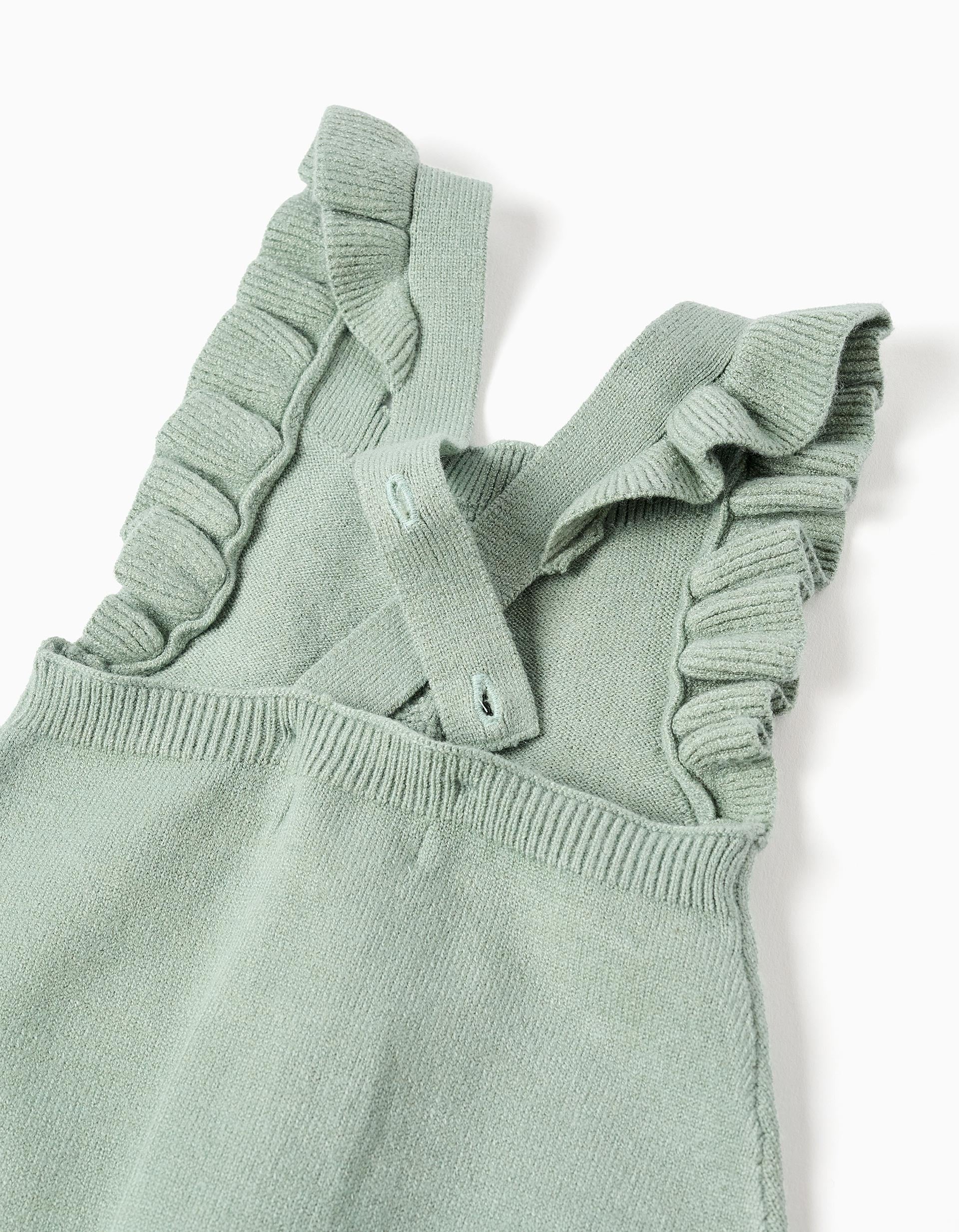 Knitted jumpsuit with ruffles for newborn girls, light green