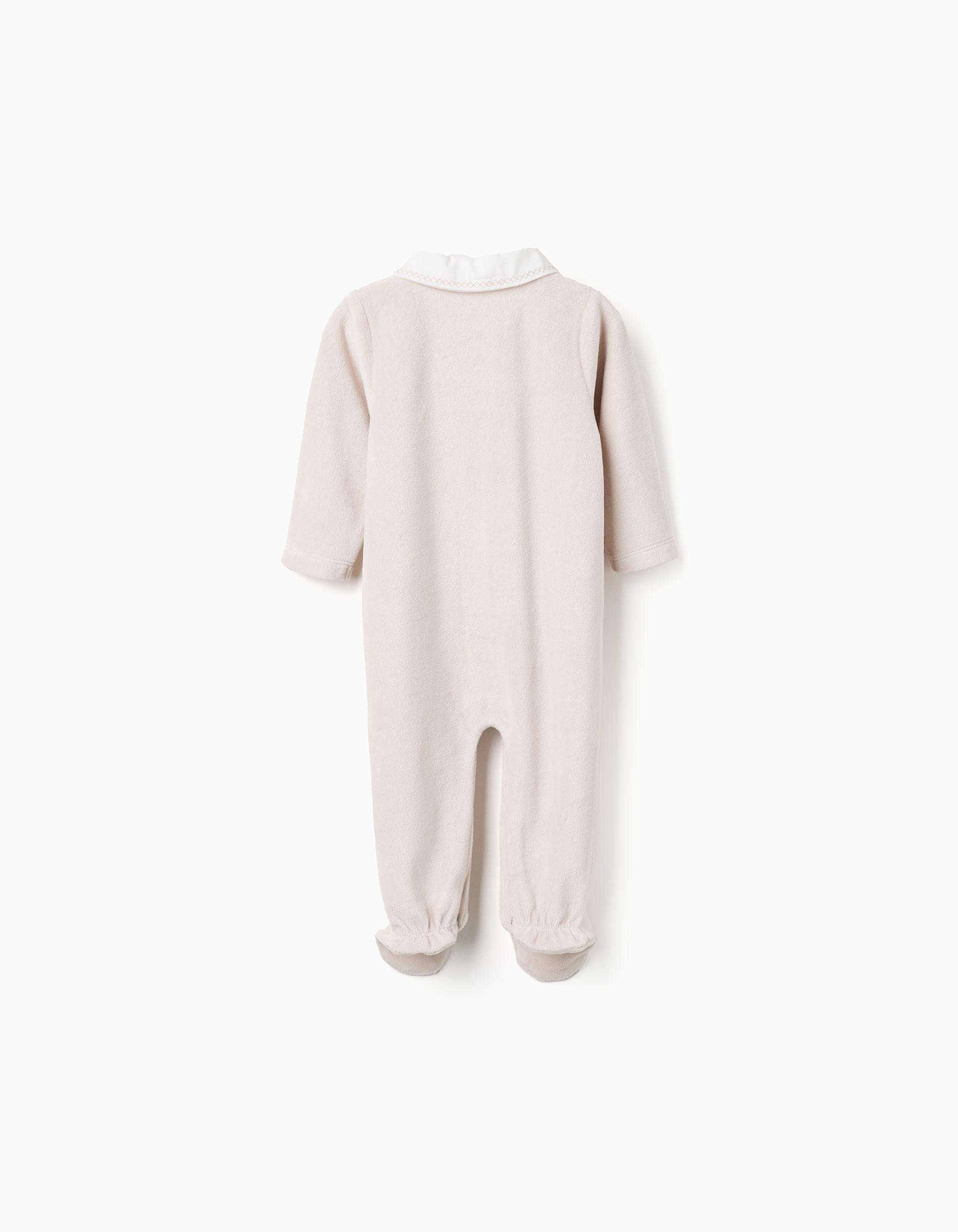 Grenouillère en Velours avec Col Brodé pour Nouveau-Né, Beige