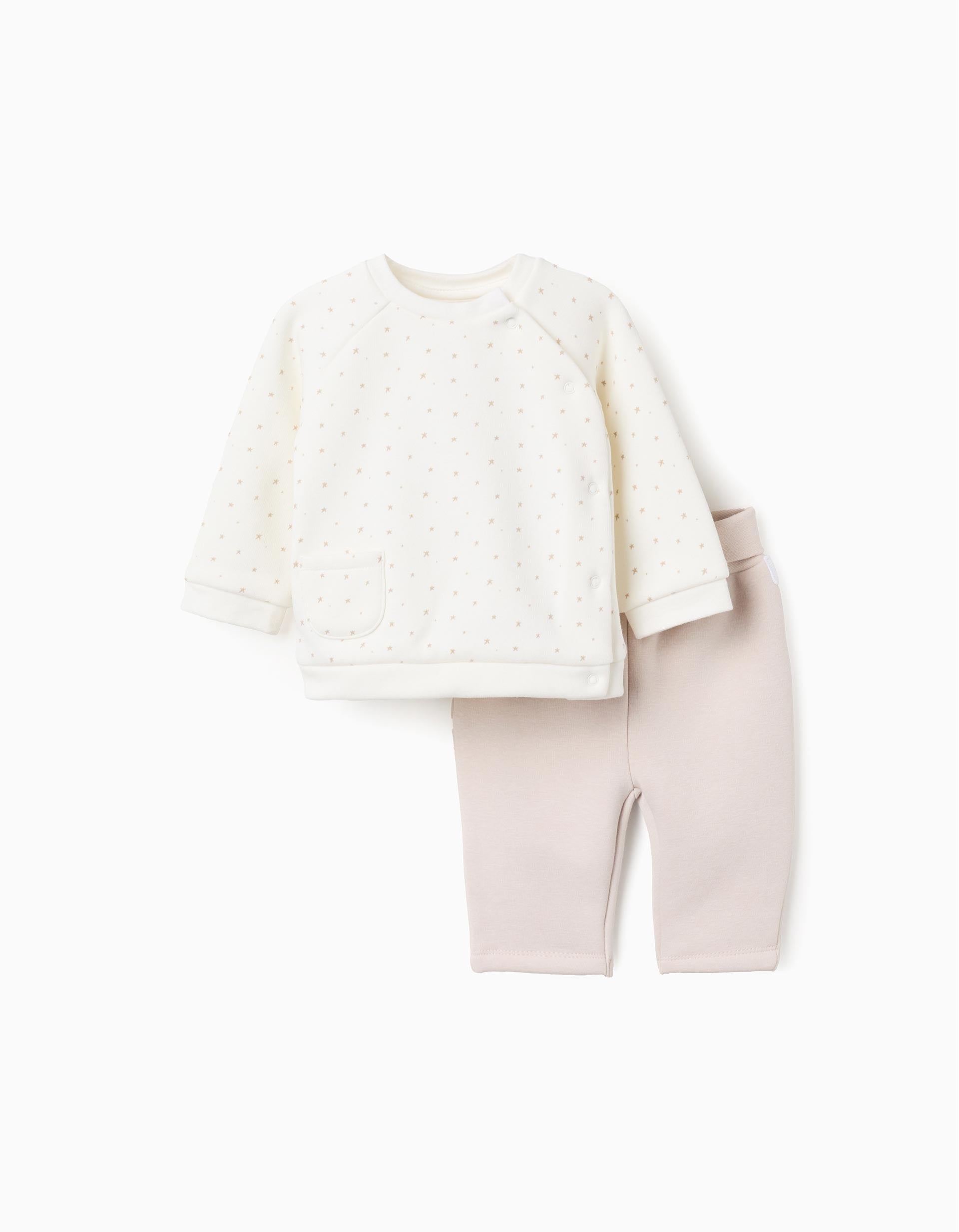 Brushed set of sweatshirt + trousers for newborns, white/beige