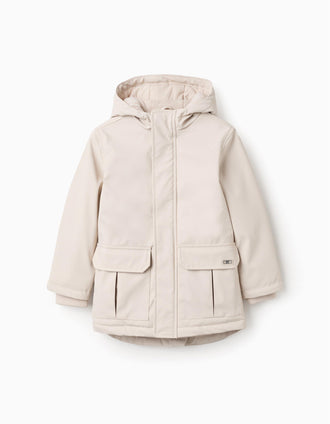 Parka de Goma con Capucha y Forro en Jersey para Niño, Beige