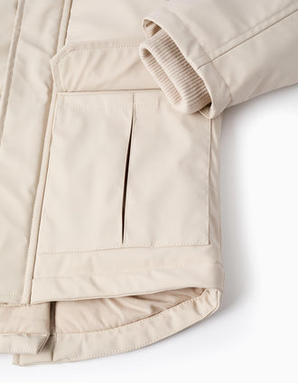 Parka de Goma con Capucha y Forro en Jersey para Niño, Beige