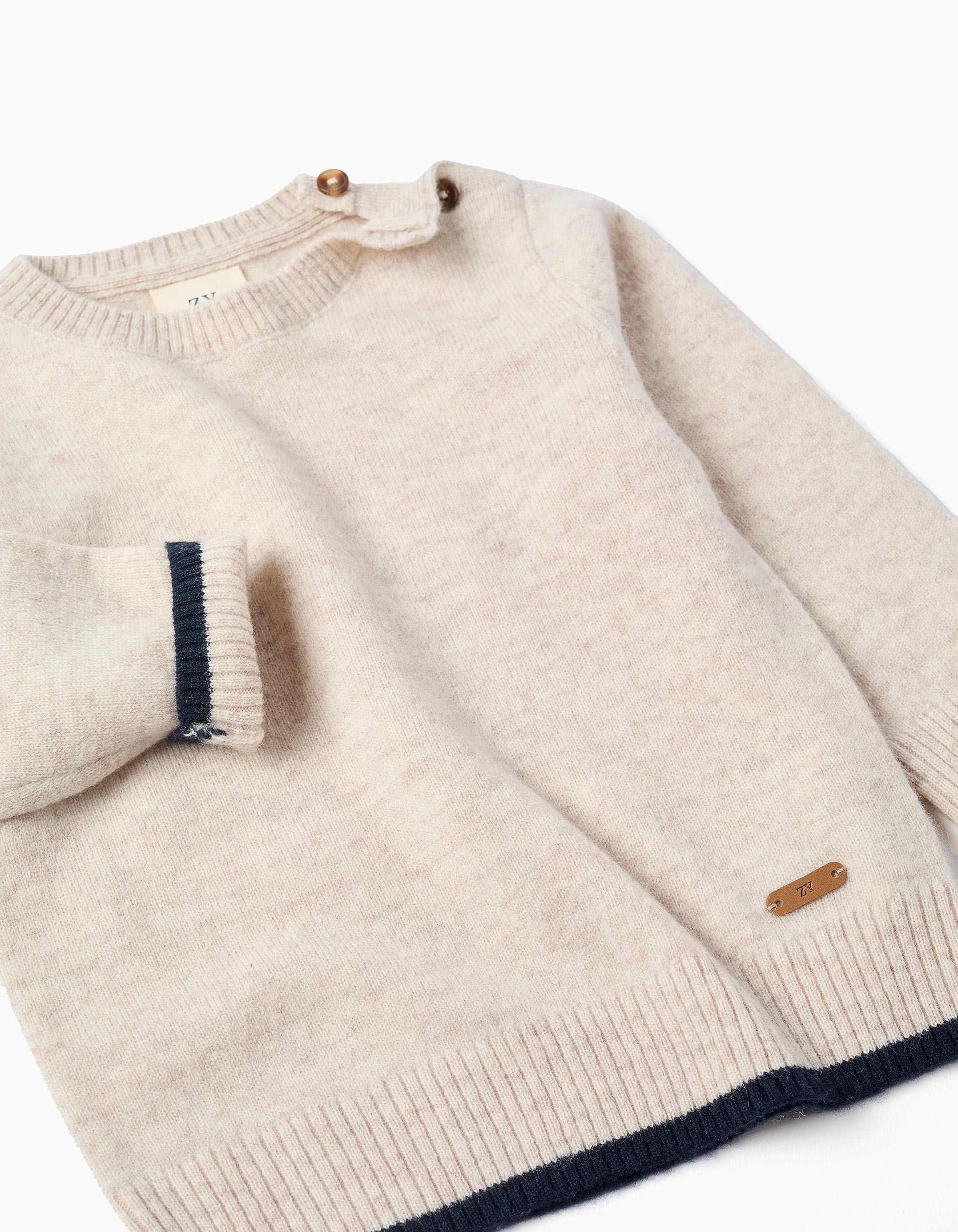 Knitted jumper in a wool blend for baby boys, beige/dark blue