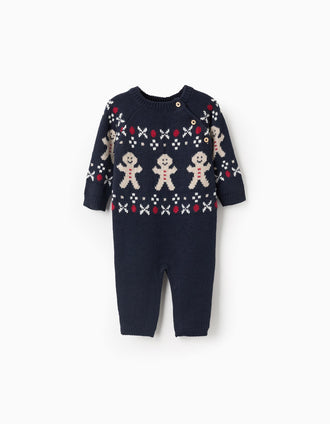Babygrow de malha com jacquard para recém-nascido, azul-escuro