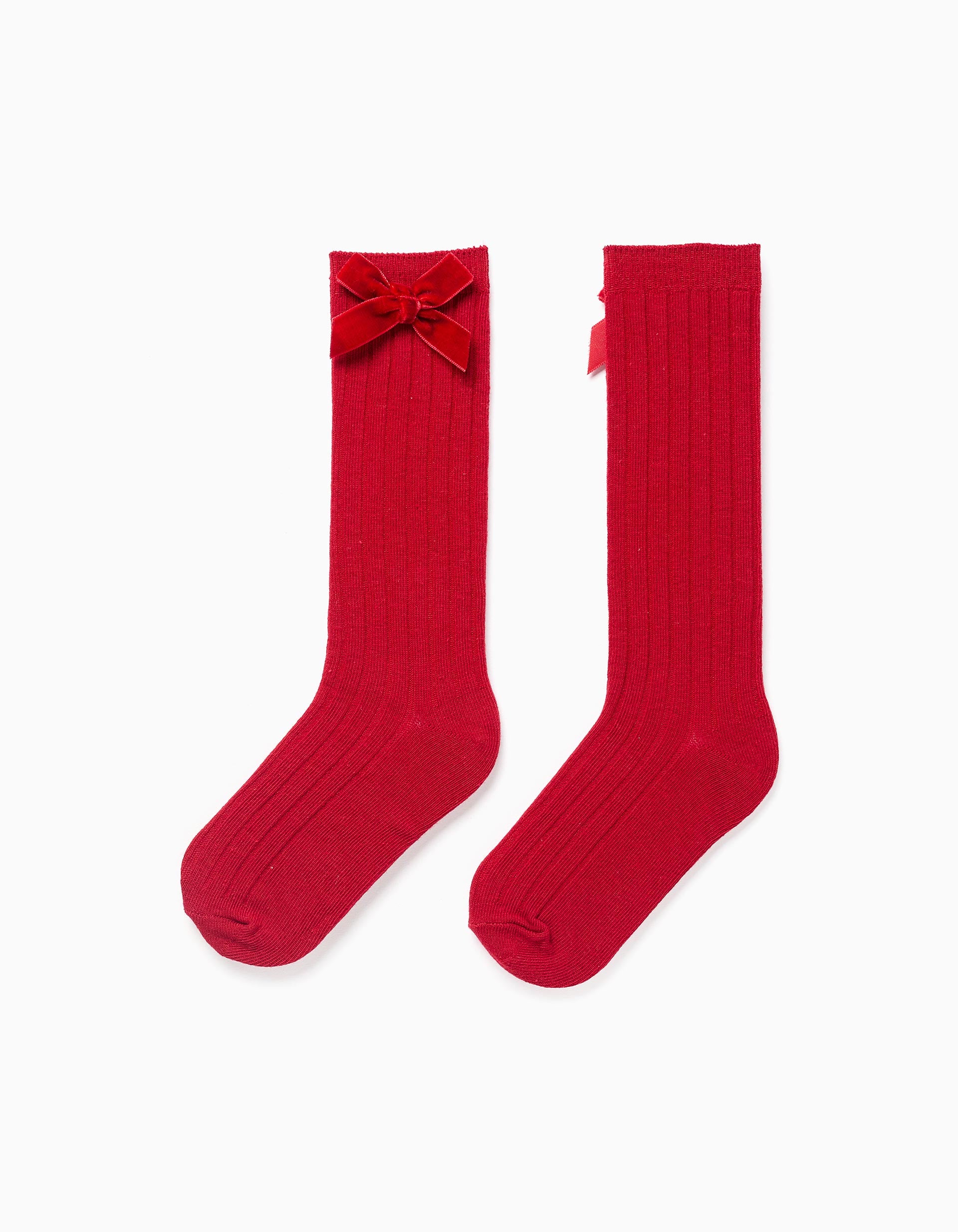 Ribbed knee high socks with bow for girls, red
