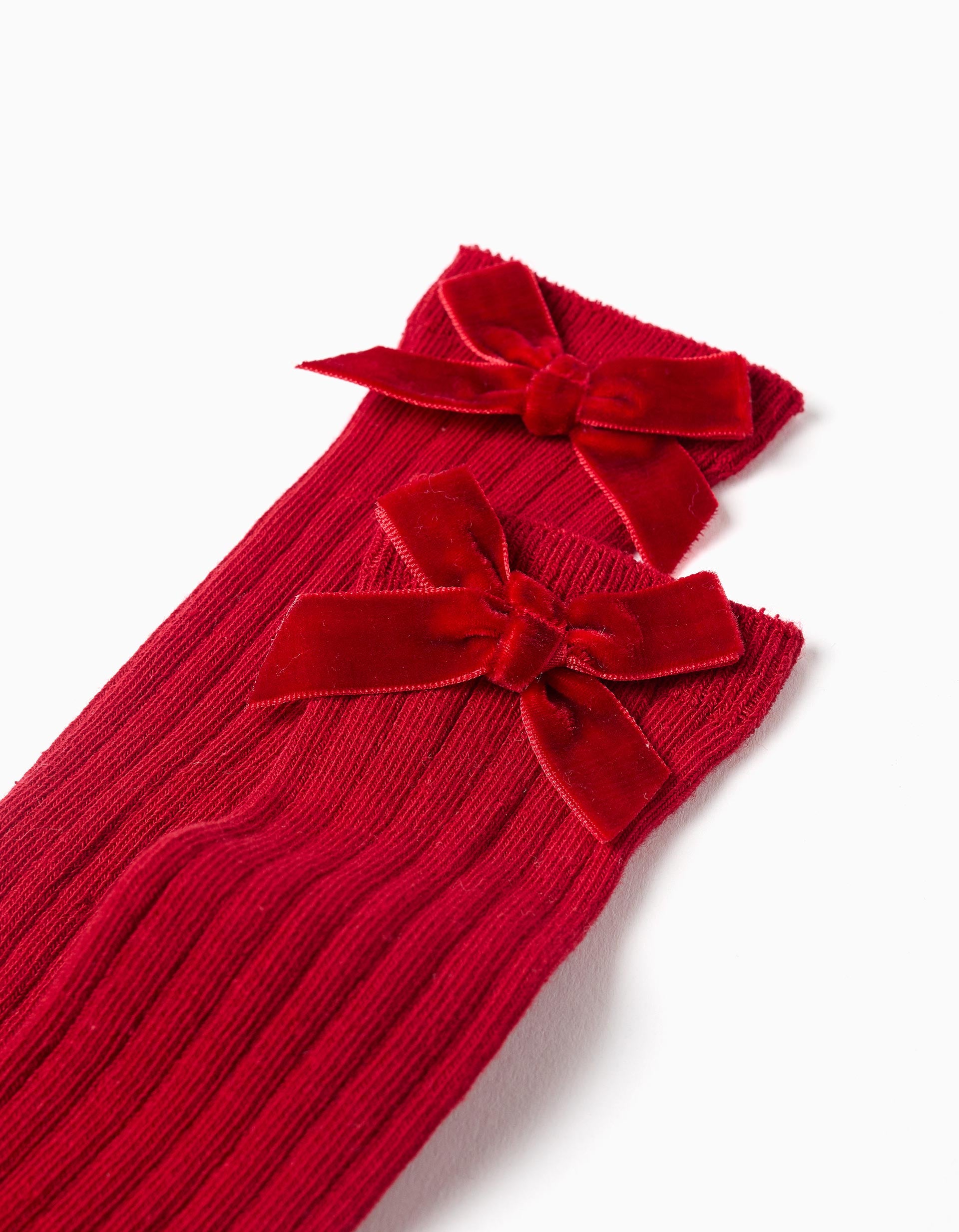 Ribbed knee high socks with bow for girls, red