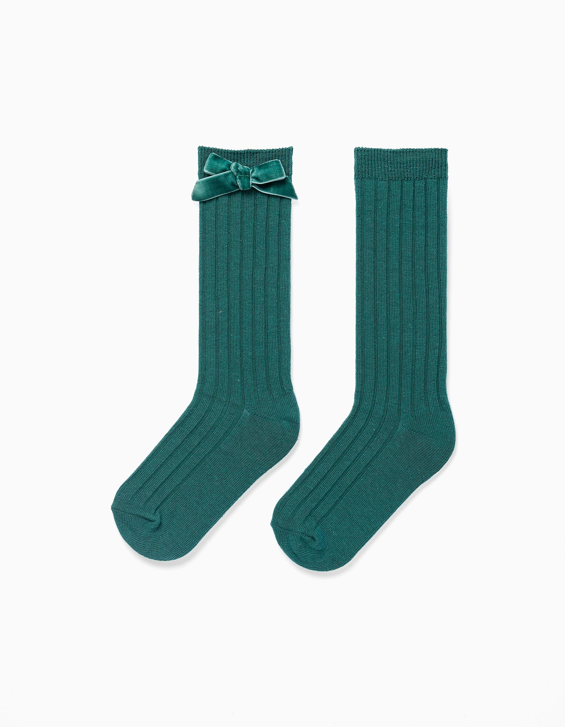 Ribbed knee high socks with bow for girls, dark green