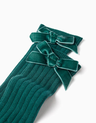 Calcetines altos de canalé con lazo para niña, verde oscuro