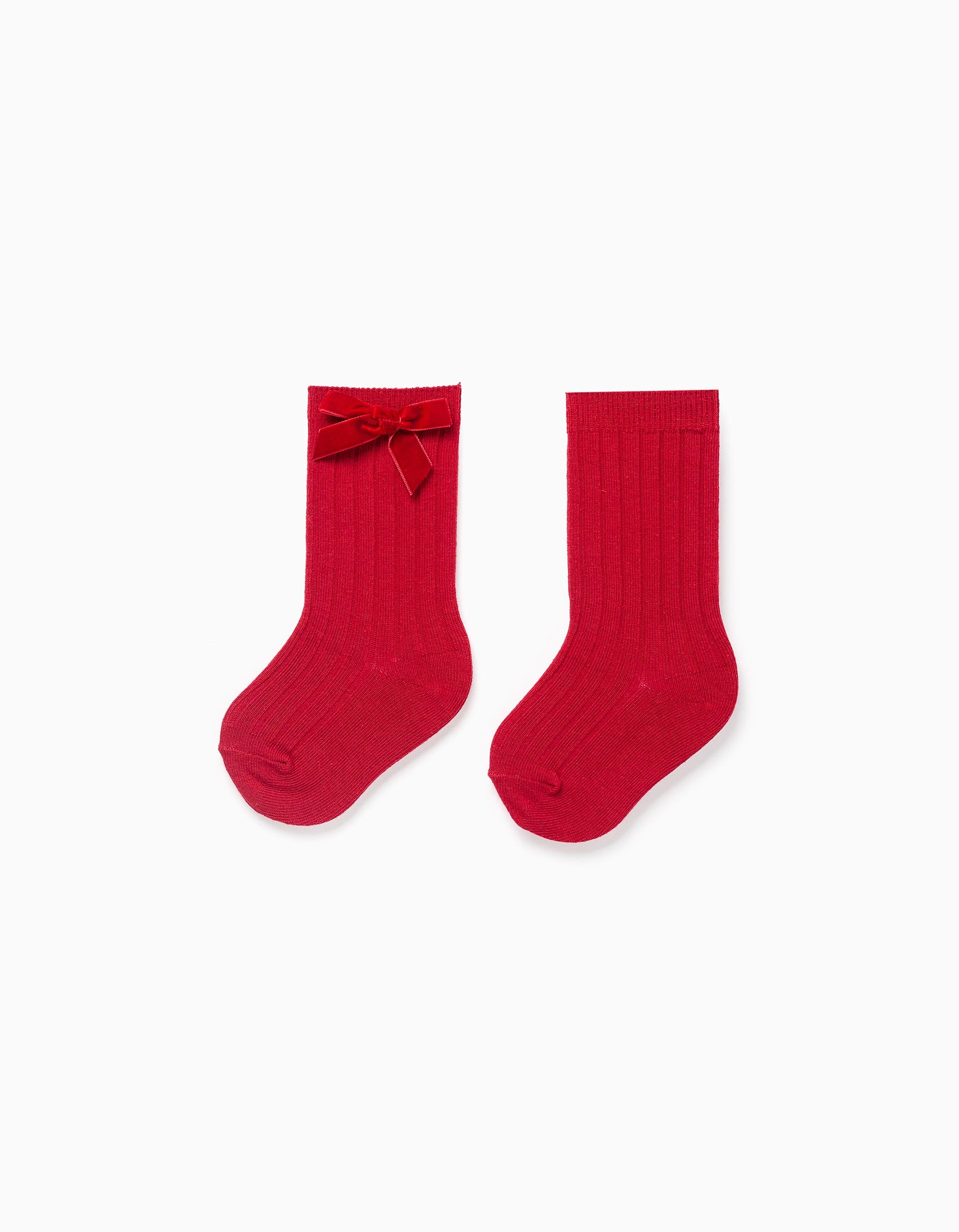 Ribbed knee high socks with bow for baby girls, red