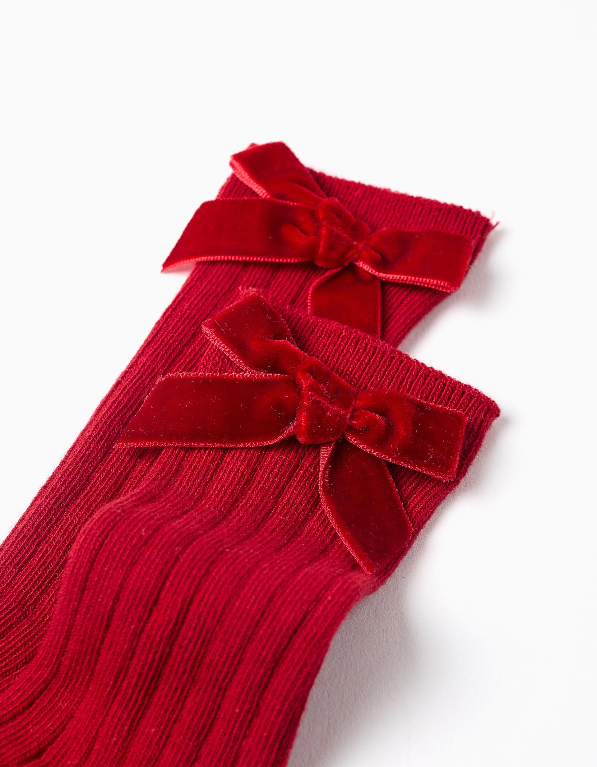 Ribbed knee high socks with bow for baby girls, red