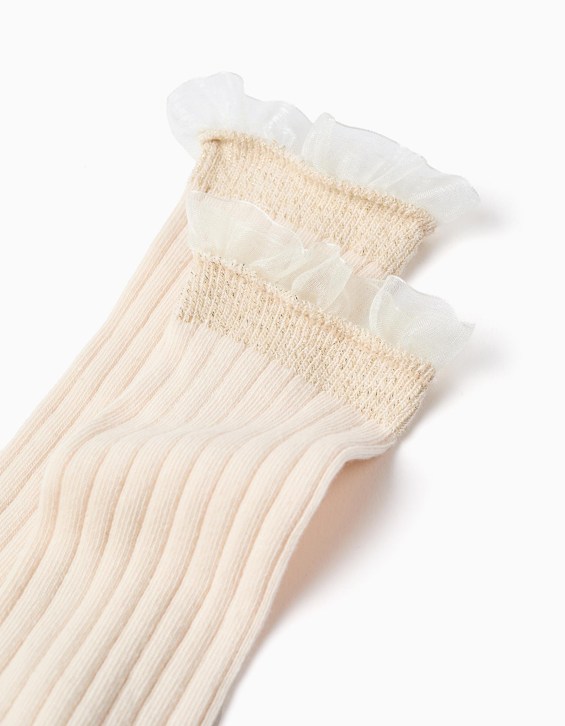 Ribbed high socks with tulle ruffles for girls, light beige โ ZIPPY