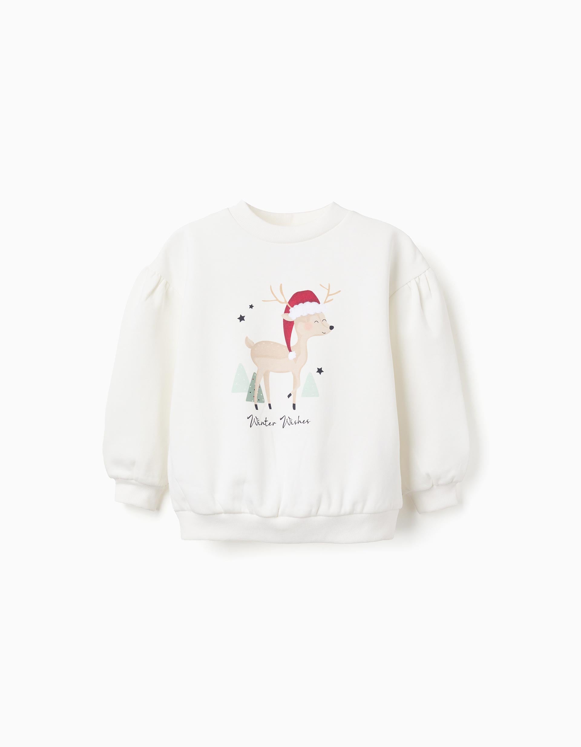 Brushed sweatshirt with reindeer print for girls, white