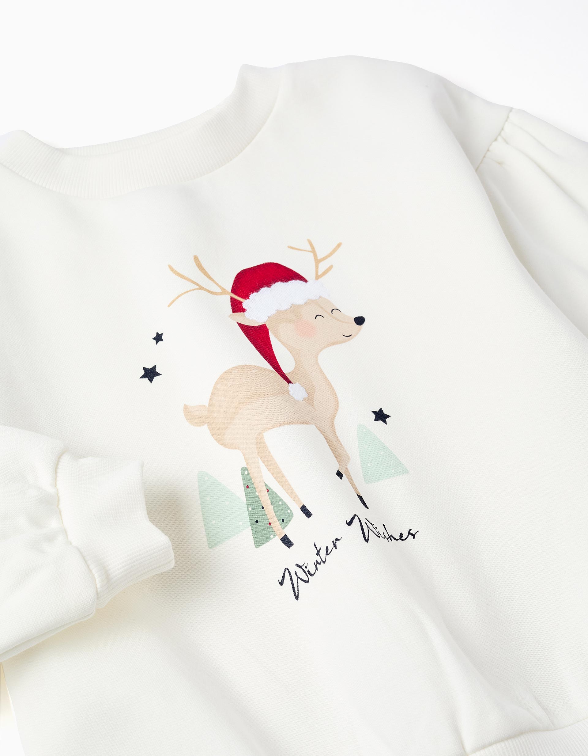 Brushed sweatshirt with reindeer print for girls, white