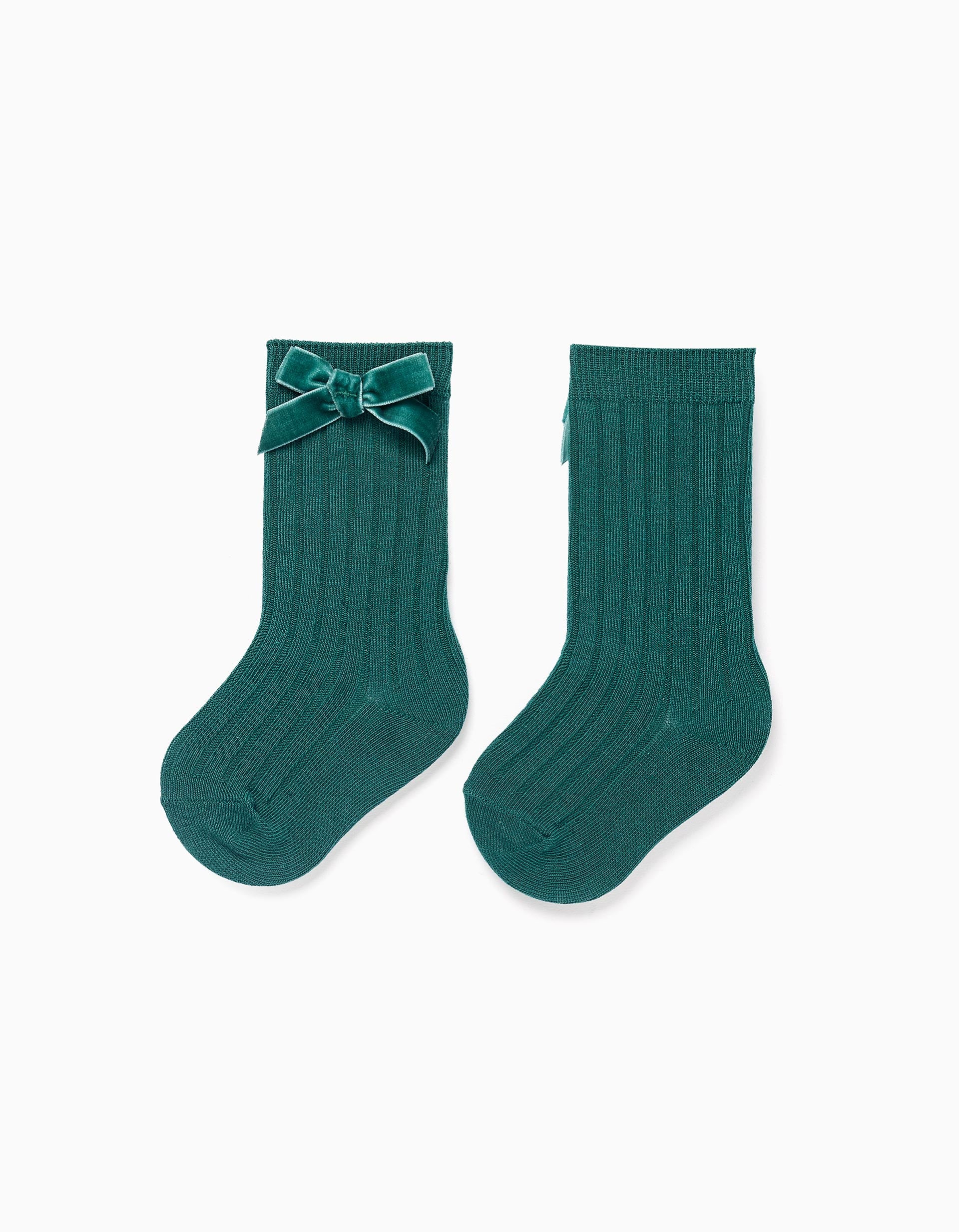 Ribbed knee high socks with bow for baby girls, dark green
