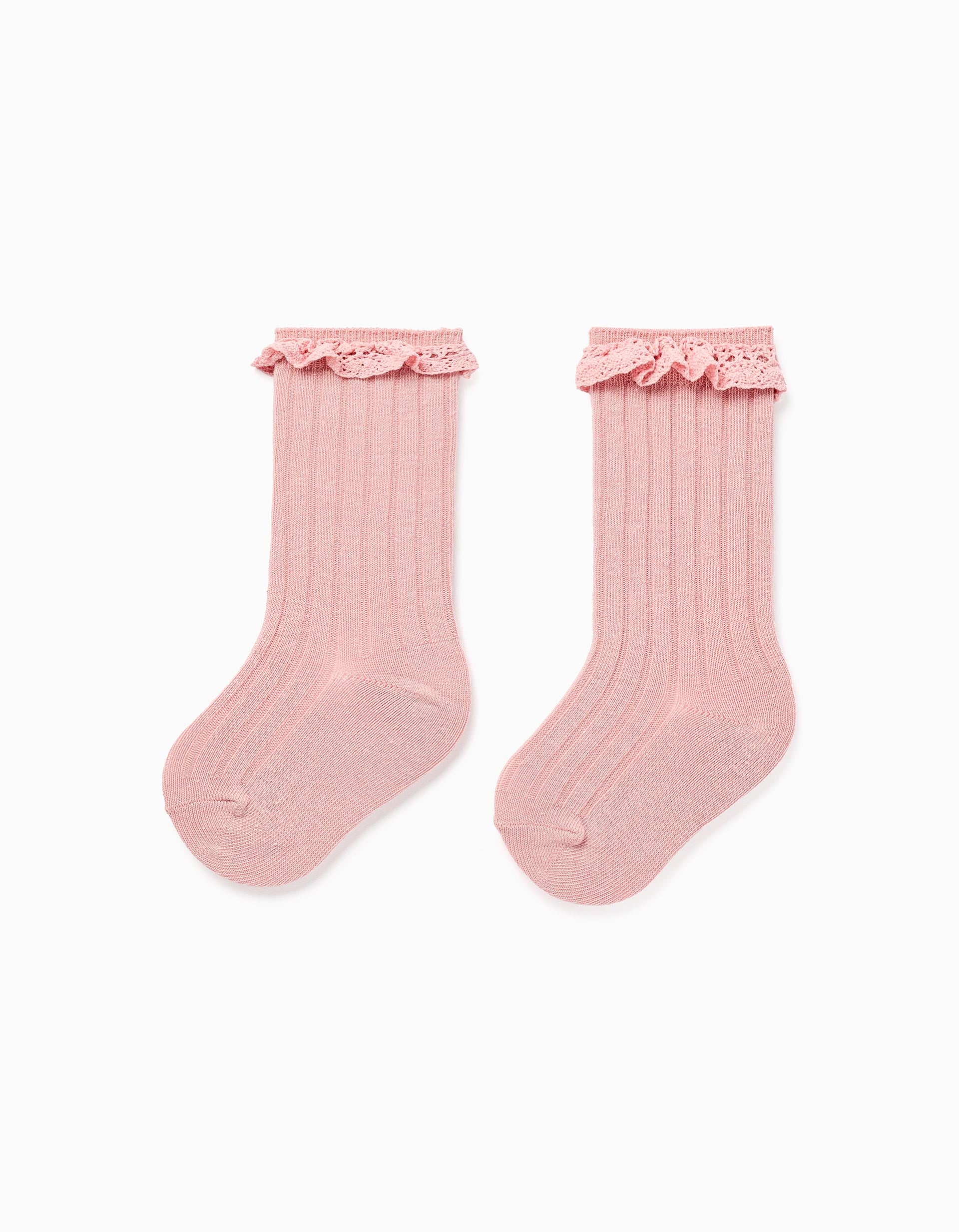 Chaussettes hautes à volants en crochet pour bébé fille, rose clair