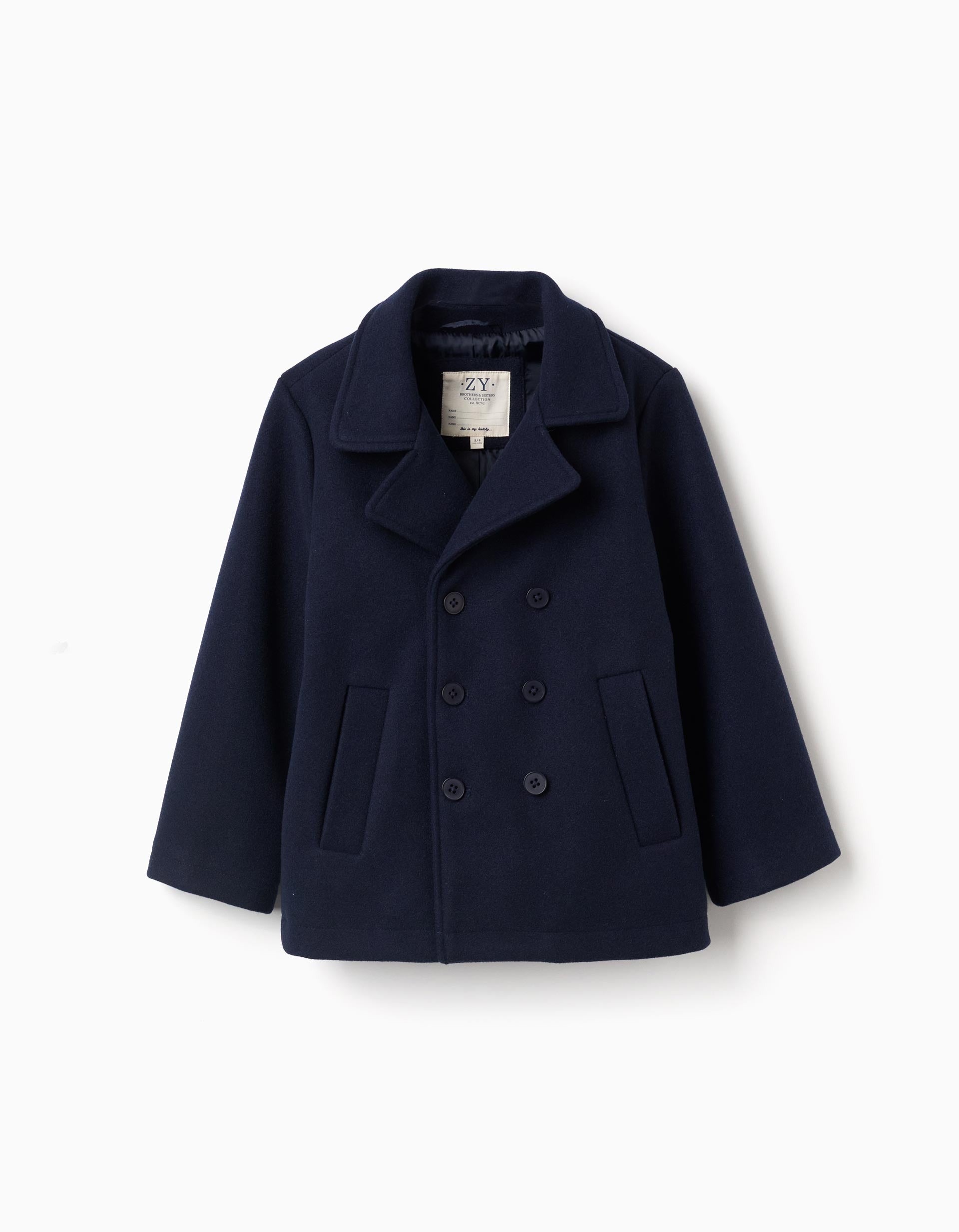 Wool effect coat with cross opening for boys, dark blue