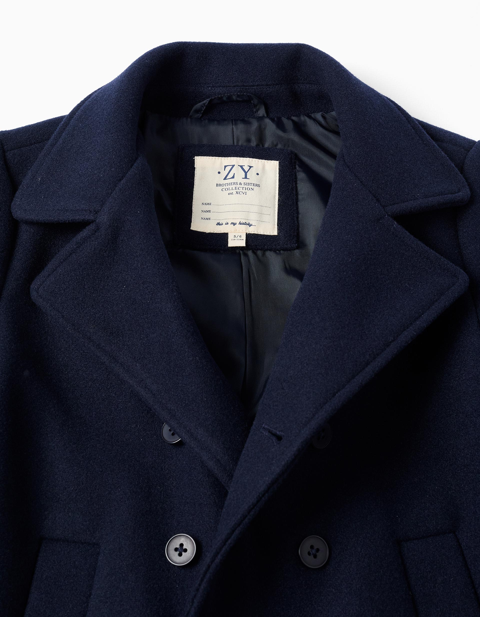 Wool effect coat with cross opening for boys, dark blue