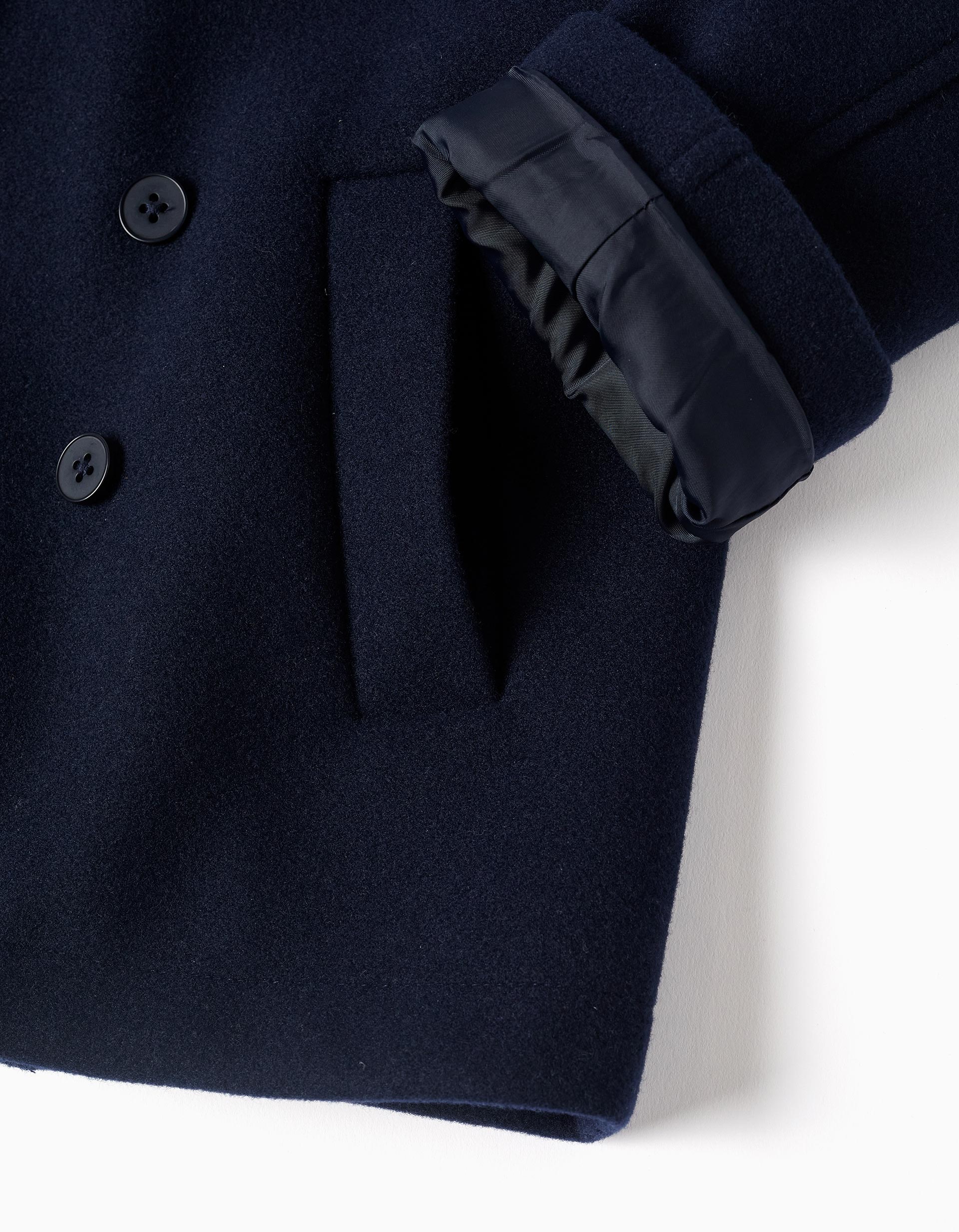 Wool effect coat with cross opening for boys, dark blue