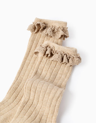 Ribbed High Socks with Crochet for Baby Girls, Beige
