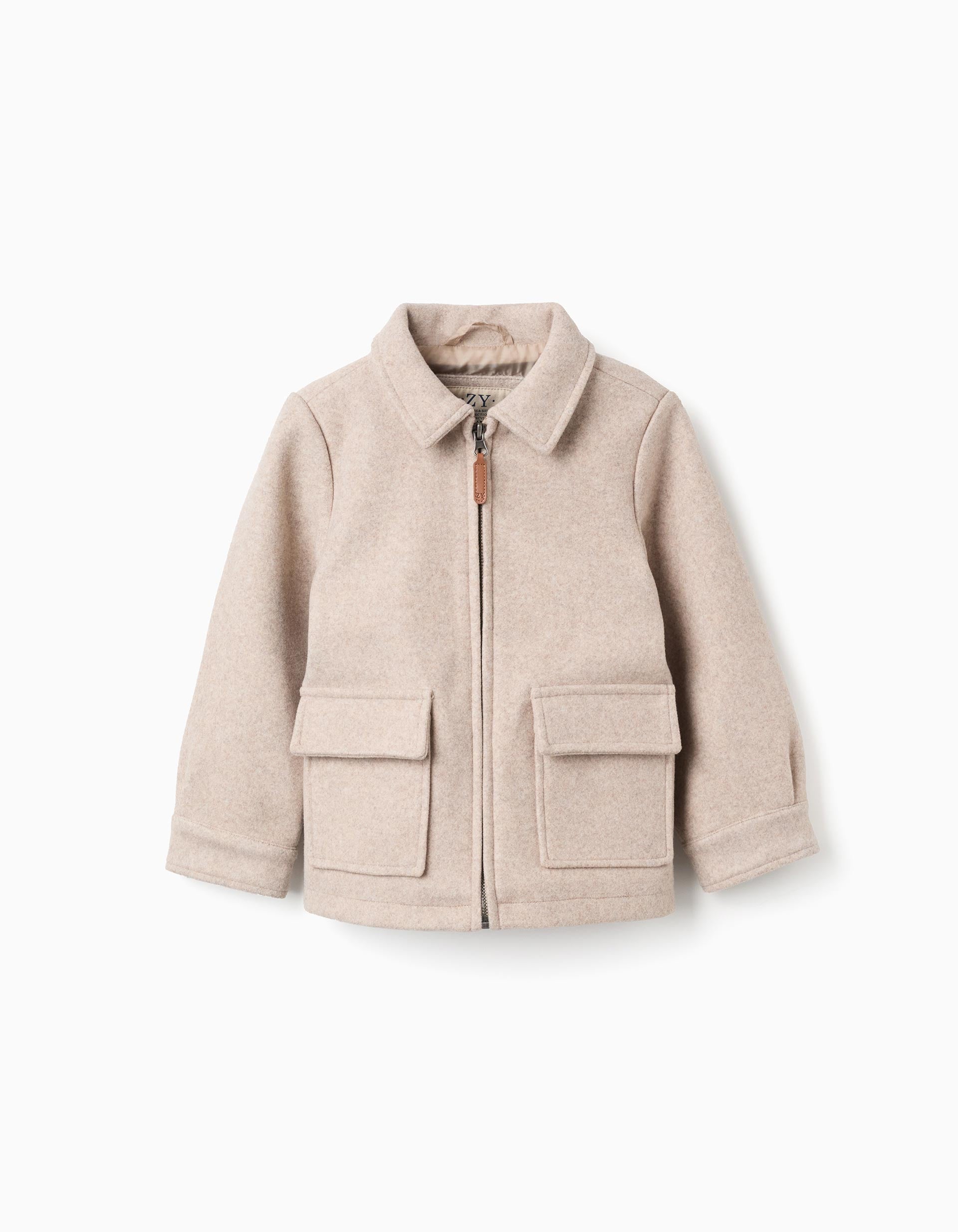 Wool effect coat with zip and flap pockets 'B&S' for boys, beige