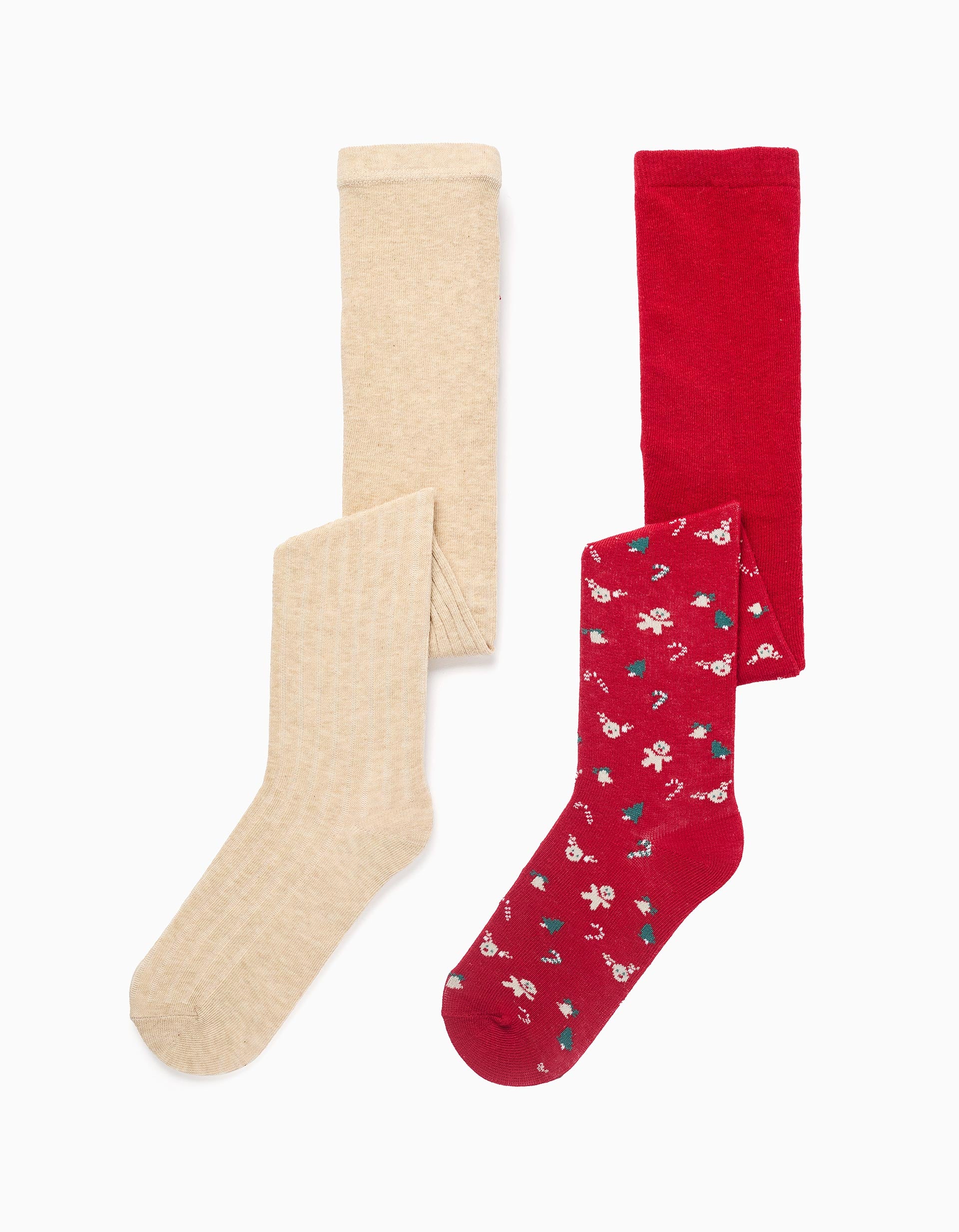Pack of 2 tights ribbed/with motif for girls, beige/red