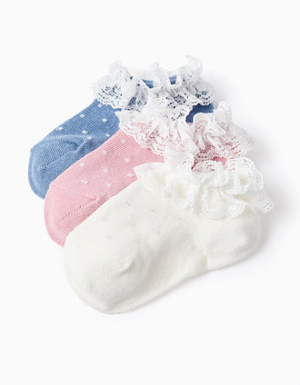 Pack of 3 Ankle Socks with Lurex and Lace for Baby Girls, Multicolour