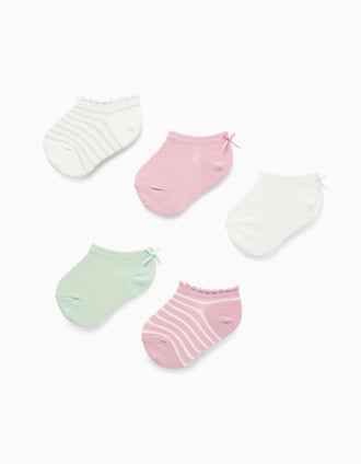 Pack of 5 Pairs of Ankle Socks with Bow/Stripes for Baby Girls, Multicolour