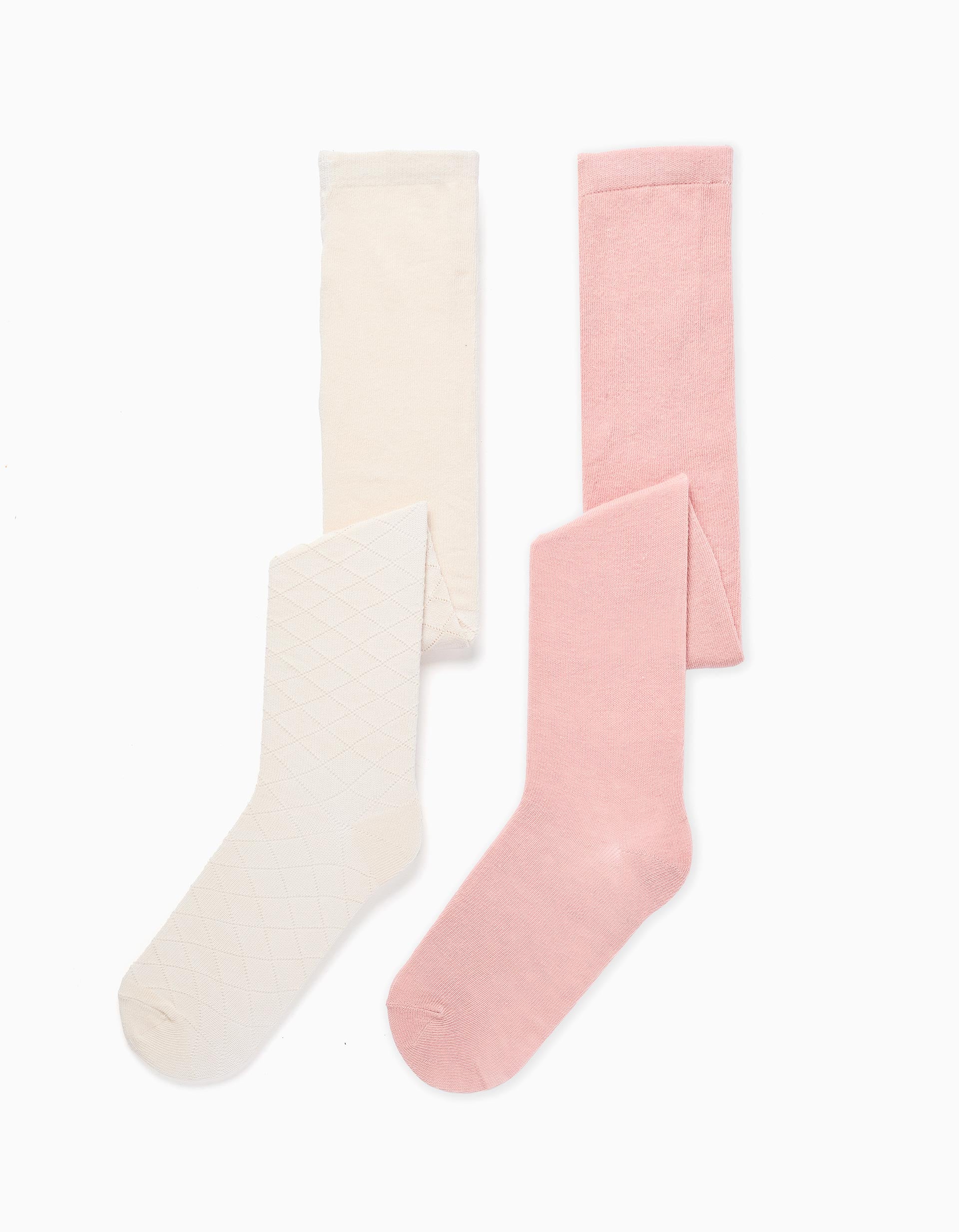 Pack of 2 ribbed/openwork knit tights for girls, pink/beige