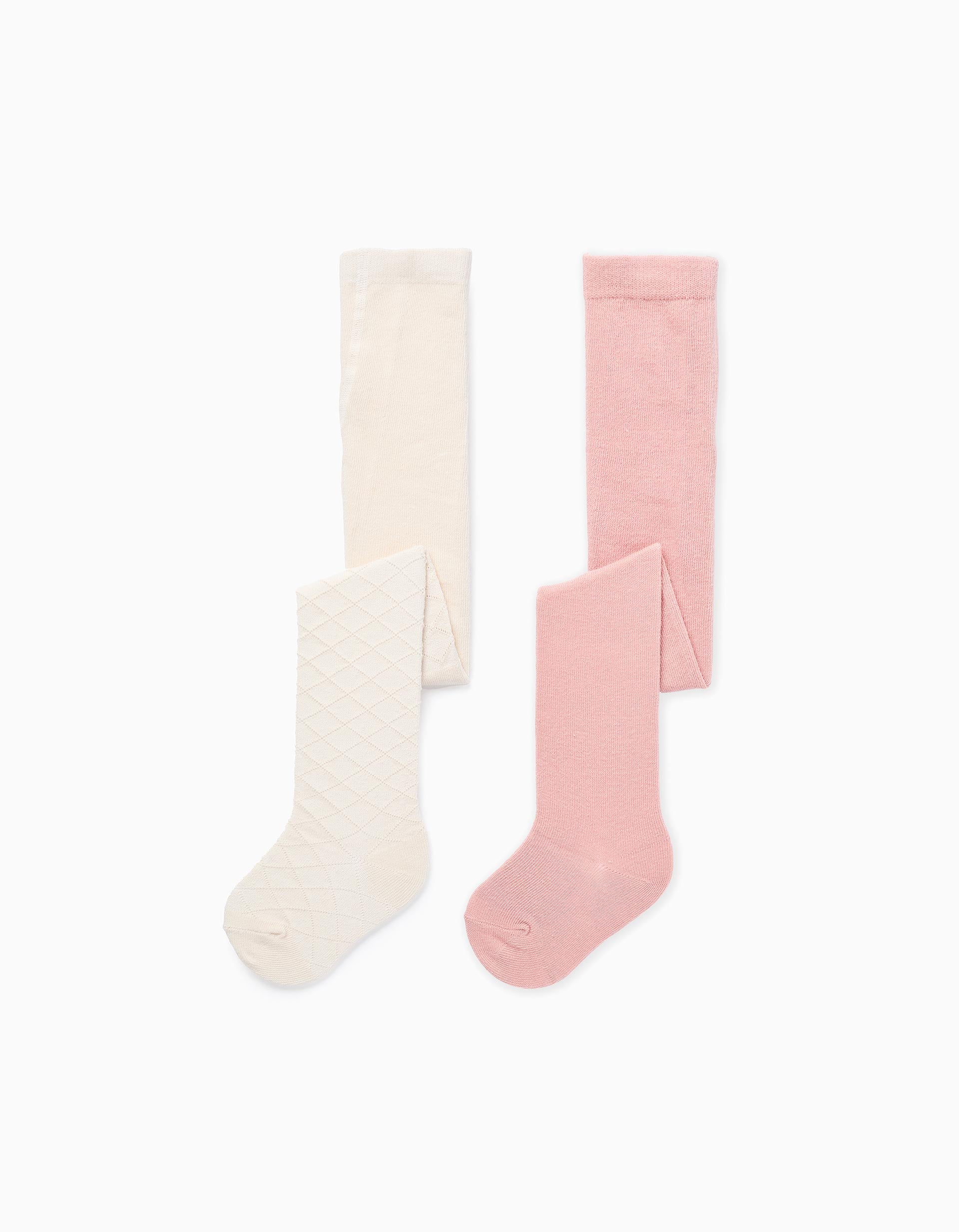 Pack of 2 ribbed/openwork knit tights for baby girls, pink/beige